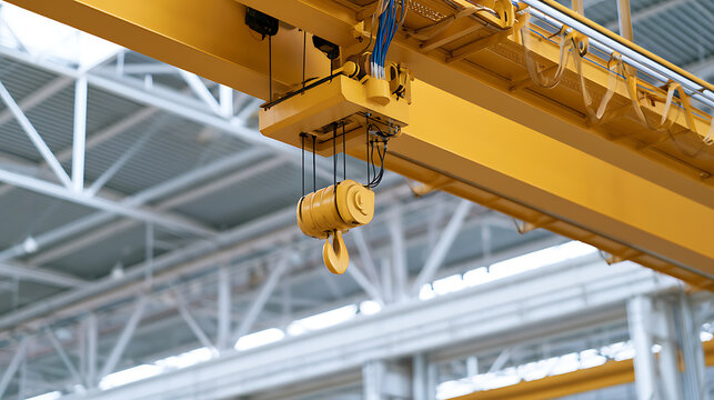 Industrial yellow overhead crane with hook and beam structure inside a large manufacturing warehouse or factory building, focus on equipment
