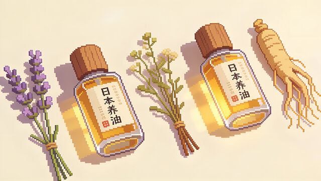 Two glass bottles of aromatic essential oils placed beside organic lavender sprigs and raw ginseng root pieces
