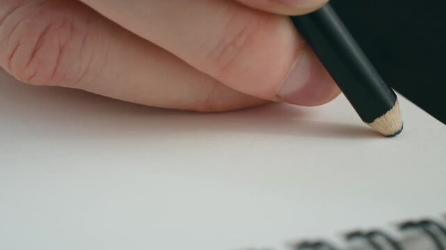 Detailed macro shot, hand holding black graphite pencil, meticulously drawing straight line on clean white sheet of paper from spiral notebook, creative process. Hand drawing straight line with pencil