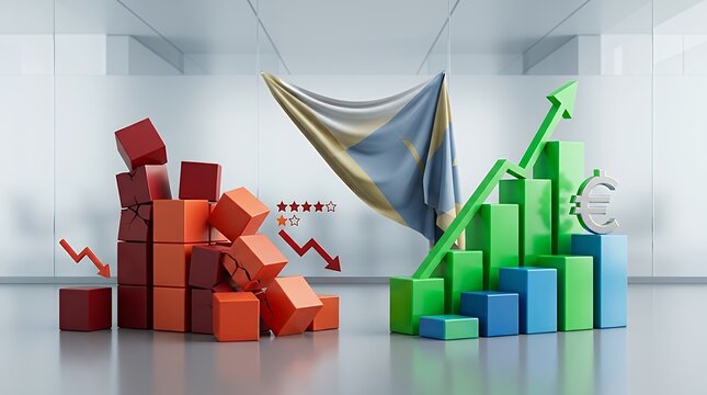 Economic downturn and valuation surge with geometric blocks financial instability rating reduction scenario national banner paired with ascending trend line currency sign loss and downturn 