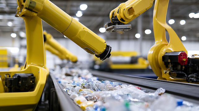 Industrial robotic arms sort various waste items on a conveyor belt in a modern recycling facility, showcasing automation and sustainability efforts