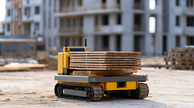 Autonomous tracked robot transport wood planks on construction site, modern automated delivery for building development project