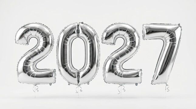Shiny silver foil balloons forming the number 2027 for a festive happy new year 2027 celebration background