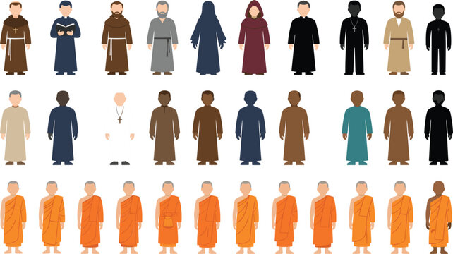 Religious cleric character icon set featuring christian priests catholic friars and buddhist monks flat vector illustration