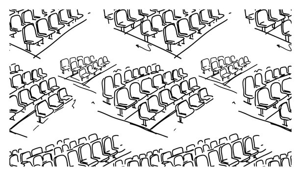 Stadium seating rows and empty arena chairs in isometric hand drawn perspective