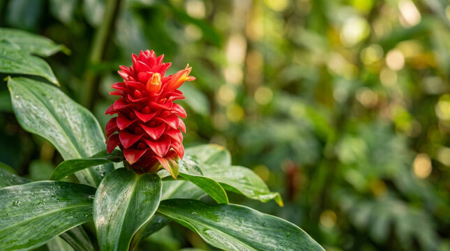 Vibrant Red Spiral Ginger Flower with Green Leaves in Tropical Forest