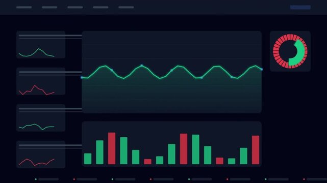 Abstract digital dashboard with various data visualization components, including line graphs, bar charts, and a circular gauge for real-time monitoring of trends and metrics