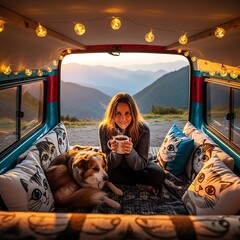 Obraz premium Woman with dog enjoying scenic mountain view from train.