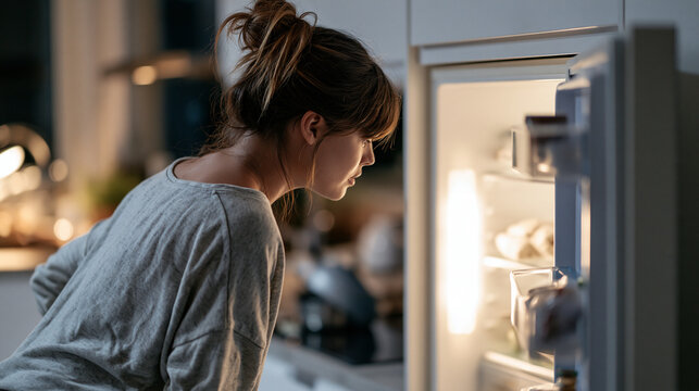 A high-contrast professional stock photo of home lifestyle and comfort. Side profile view of a woman of descent in casual loungewear, seen strictly from behind and side, leaning sl