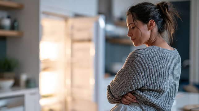 A high-contrast professional stock photo of home lifestyle and comfort. Side profile view of a woman of descent in casual loungewear, seen strictly from behind and side, leaning sl