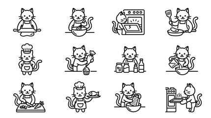 Naklejka premium Cute cartoon cats in various cooking and baking poses.