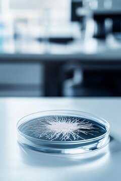 A close-up shot of a petri dish containing a bacterial culture, showcasing intricate growth patterns under bright laboratory lighting. 