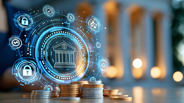 Digital banking infrastructure concept with secure transactions and network integration icons, financial services theme, defocused background, with copy space