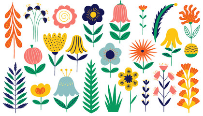 Vibrant hand-drawn vector collection of various stylized tropical flowers and botanical elements in retro design © Achmad