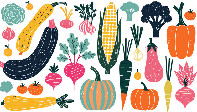 Vibrant hand-drawn flat vector collection of various colorful autumn vegetables and organic garden produce