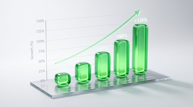 3D financial growth chart bar graph with green glass pillars and upward arrow on clean background