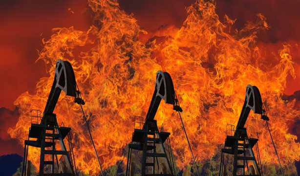 Smoke and flames engulfing the oil pump or donkey pump - Oil pumps. Oil industry equipment.