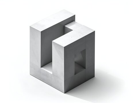 A minimalist architectural 3D concrete block sculpture featuring impossible geometric cuts and shadows
