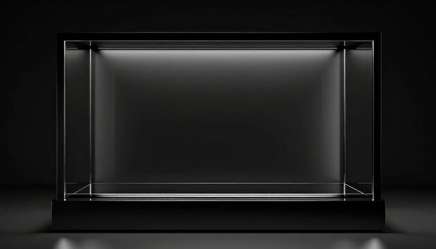 Illuminated Black Display Case, Empty Glass Showcase with Modern Design on Dark Background, Ready for Product Presentation