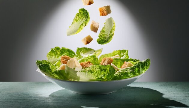 caesar salad levitation light background salad