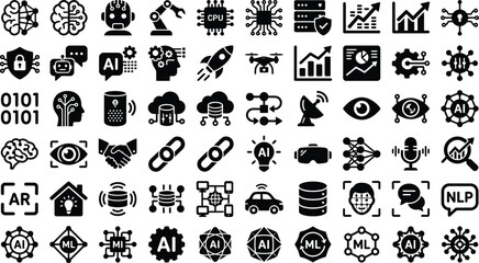 Fototapeta premium Extensive artificial intelligence and machine learning icon pack with robotics, neural networks, and data analysis.
