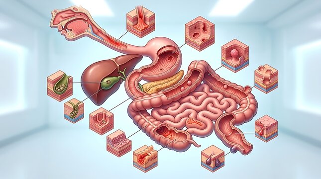 Human digestive system anatomy with common digestive diseases