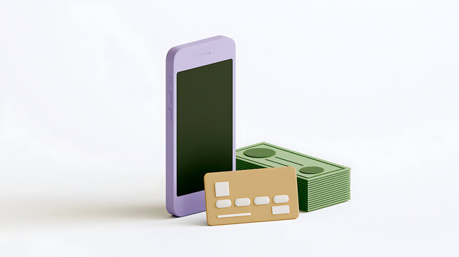 Minimalist digital payment concept with a purple smartphone, golden credit card, and stack of green currency on a clean white background