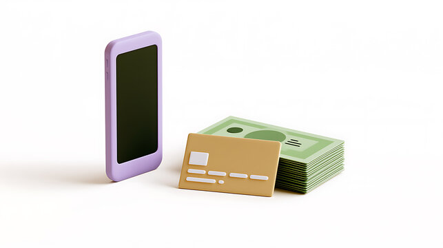 Modern mobile phone, credit card, and stack of cash represent digital transactions, online payment, banking, and financial technology on white background