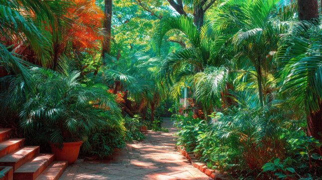 Lush tropical garden path lined with vibrant foliage.