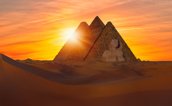 Giza Pyramid Complex at sunset - Cairo, Egypt