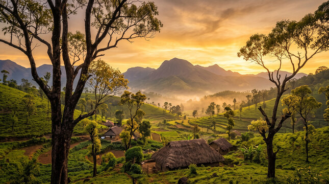 Scenic Marayoor countryside featuring ancient sandalwood forests, rolling hills and peaceful rural landscapes in Kerala India