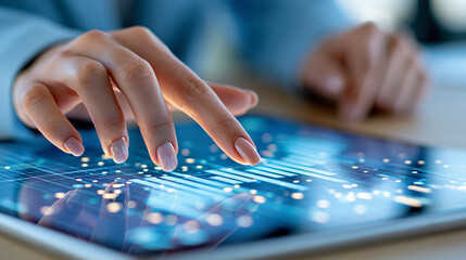 Naklejka premium Close-up of hand pointing at digital screen with online banking data and analytics interface, mobile banking and fintech solutions concept, defocused background, with copy space