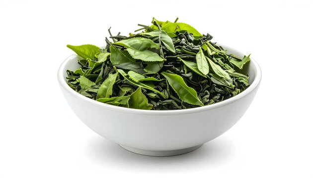A white ceramic bowl overflowing with dried green tea leaves and herbal foliage on a white background