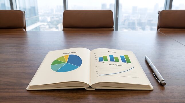 Open notebook displaying colorful pie charts and financial bar graphs sitting on a wooden boardroom table with silver ballpoint pen