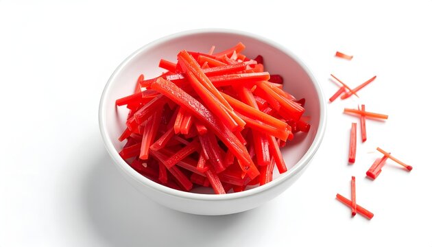 A white ceramic bowl filled with finely shredded red pickled ginger beni shoga on a plain white backdrop