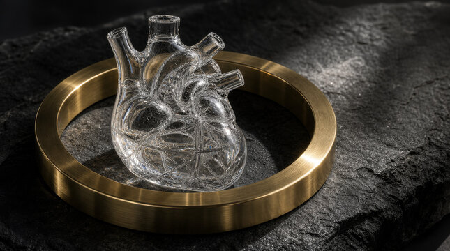 Transparent glass anatomical heart sculpture on a brass ring on dark stone