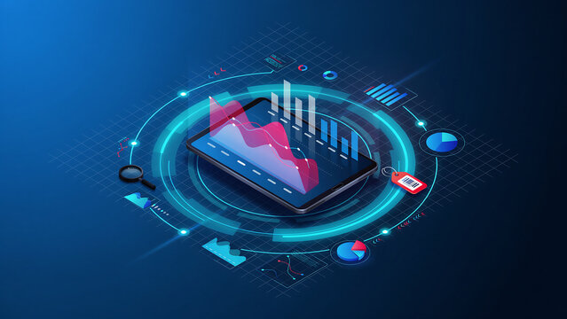 Isometric smartphone displaying financial data analytics charts and graphs