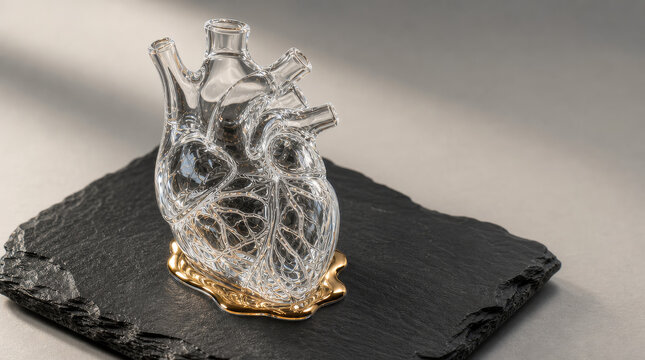Transparent glass human heart sculpture with golden liquid base on slate