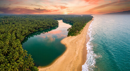 Stunning Kappil Beach where tranquil backwaters meet the Arabian Sea creating one of Kerala's most beautiful tropical landscapes in India