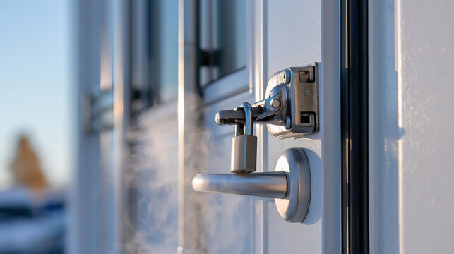 Clean refrigerated container door with a metal lock and silver handle on a white panel with gentle cold air in soft bright side light, minimal industrial detail with generous negat