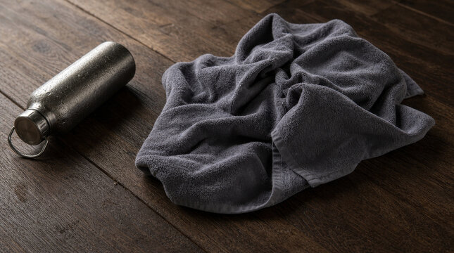 Crumpled grey towel and condensation-covered metal water bottle on wooden surface