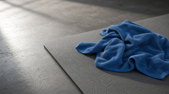 Blue microfiber towel resting on a textured yoga mat with sunlight streaming in