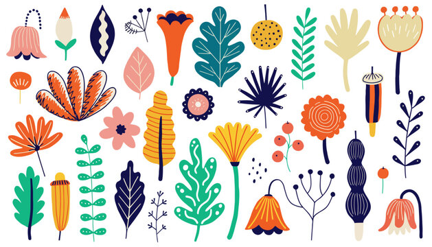 Vibrant Hand-Drawn Vector Collection of Abstract Botanical Elements, Colorful Stylized Flowers and Leaves