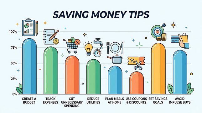 Saving money tips infographic with icons and financial charts