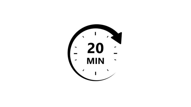 20 Min Clock Arrow Icon Animation Three Minutes Timer Symbol Loop Isolated Black Background Motion Graphic Video