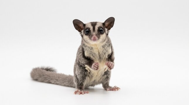 "Sugar glider stands upright with wide eyes, gray fur and bushy tail, radiating nocturnal charm, agility, and exotic wonder of gliding mammals."