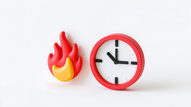 Vibrant Red Fire Icon and Minimalist Clock Illustrate Urgency and Efficiency on a Clean White Background, Ideal for Time-Sensitive Concepts