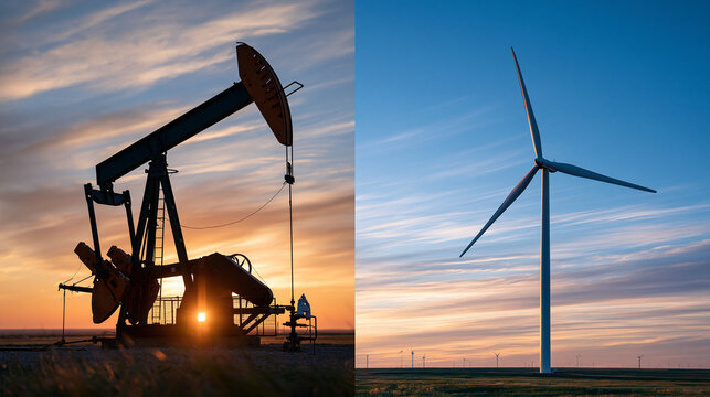 Split image oil pump jack on left side, wind turbine on right side, dramatic sky, bold contrast-no text, no watermark, no logos, no branding, no screens, no faces