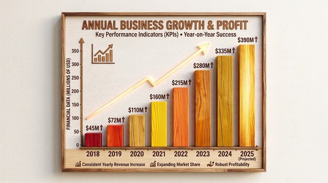 "Wood‑textured bar chart rises steadily across quarters, radiating annual business growth, profit progression, and visual representation of success in modern corporate analytics."