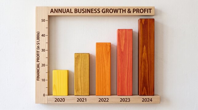 "Wood‑textured bar chart rises steadily across quarters, radiating annual business growth, profit progression, and visual representation of success in modern corporate analytics."